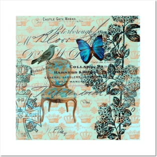 dark academia cottage chic scripts butterfly mint bird botanical Posters and Art